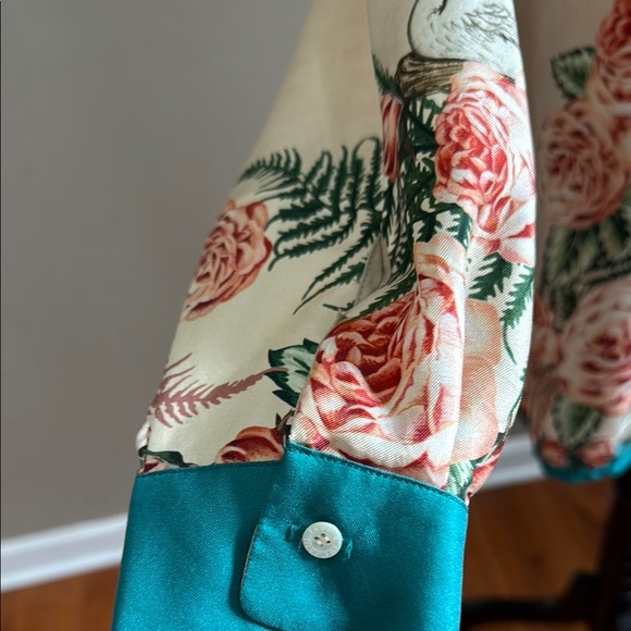 Paul & Joe Silk Vintage Floral Goose Print Button-Up Shirt Green Accents Size 3 - Picture 8 of 15